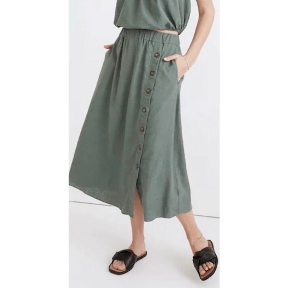 Madewell Green Side Button Linen Blend Midi Skirt Lagenlook L